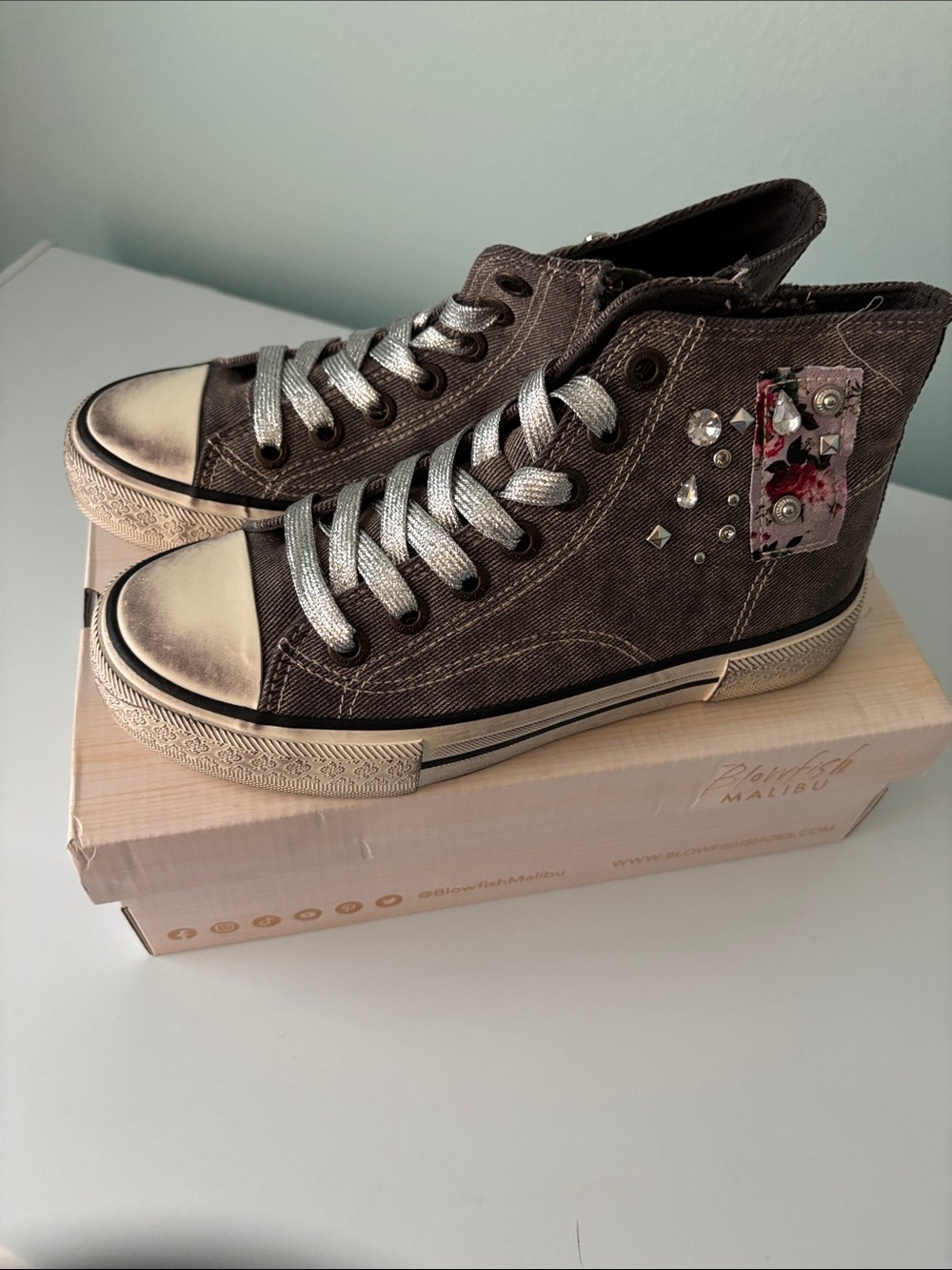 Blowfish Women’s High-Top Casual Sneakers with Stud and Patch Detail - Brown